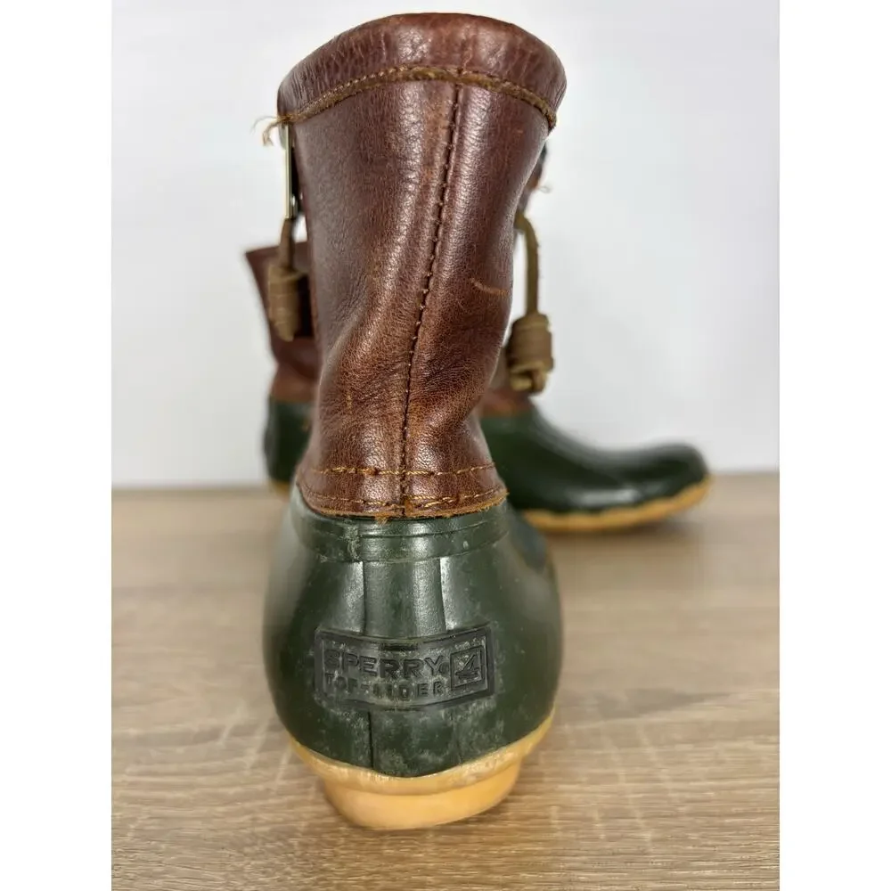 Sperry Top-Sider Duck Boots Womens 7 Brown Leather Green Waterproof Fleece Zip